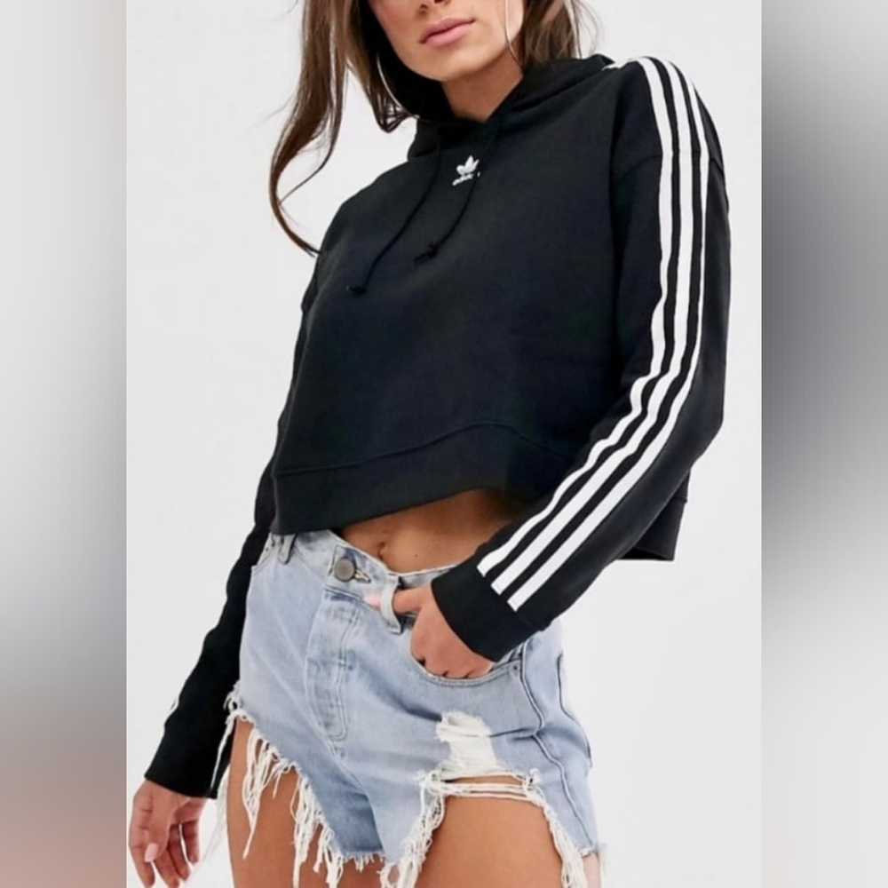 Adidas Women's 100% Cotton Black Cropped Hoodie with White Stripes XS Oversz